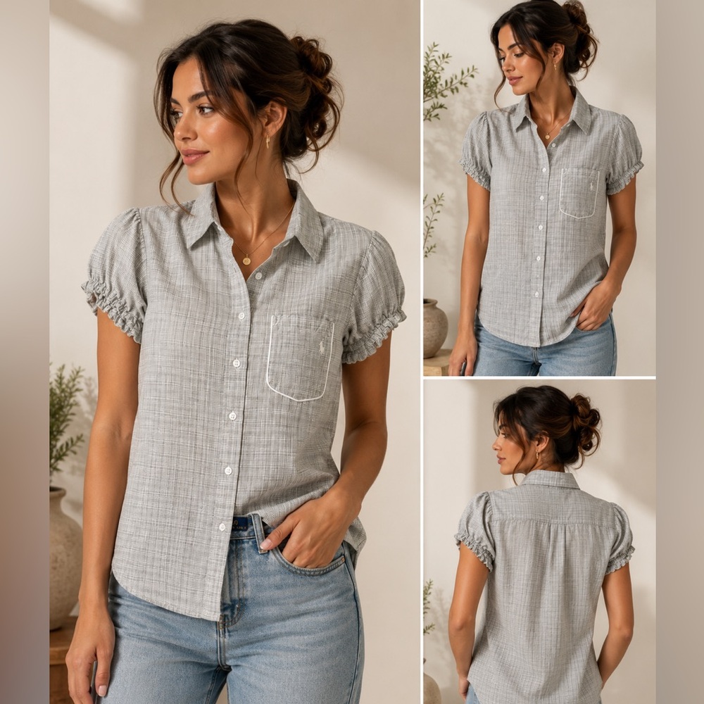Ralph Lauren Light Grey Short-Sleeve Button-Up Top